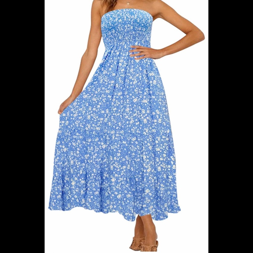 Strapless Blue Floral Maxi Dress